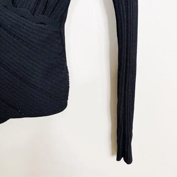 Jonathan Simkhai Ribbed Knit Wrap Long Sleeve Cropped Top Sweater Black XSmall
